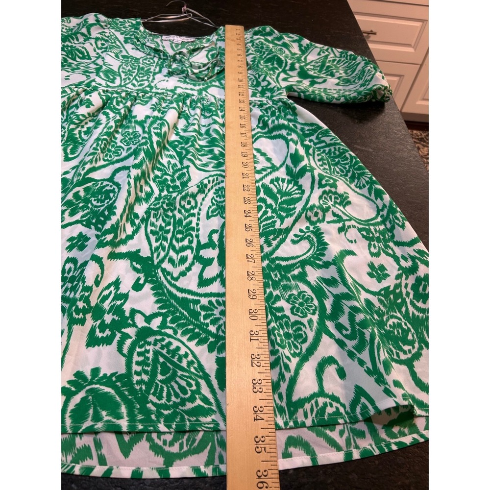 Emma & Michele Green White Ikat Paisley Dress Size S 3/4 Sleeve - Picture 7 of 7